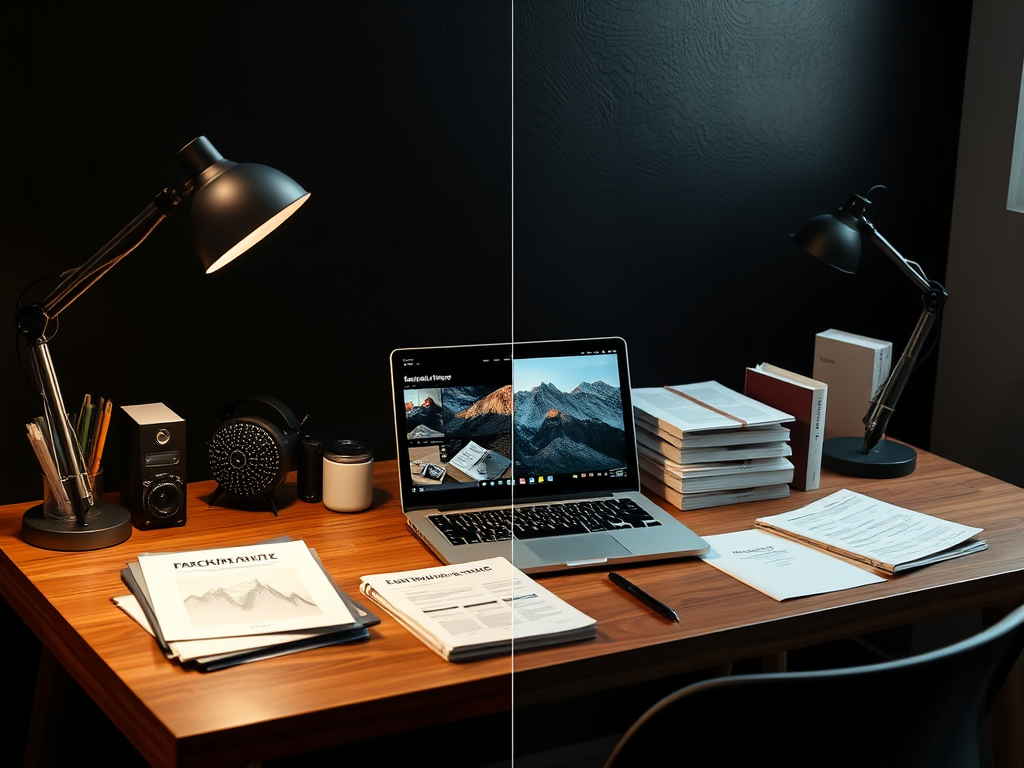 A modern desk setup with a laptop, stationery, books, and a lamp against a dark wall, creating a stylish workspace.