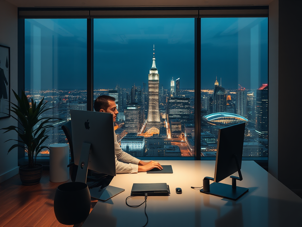 A man works at a desk with two monitors, overlooking a city skyline at night featuring the Empire State Building.