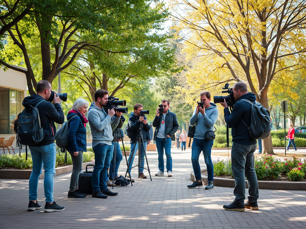 A group of photographers, including a woman, are capturing images outdoors in a park with fall foliage.