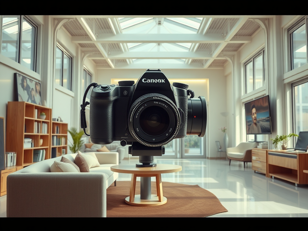 A large camera model is displayed in a stylish, modern living room with bright lighting and contemporary furniture.