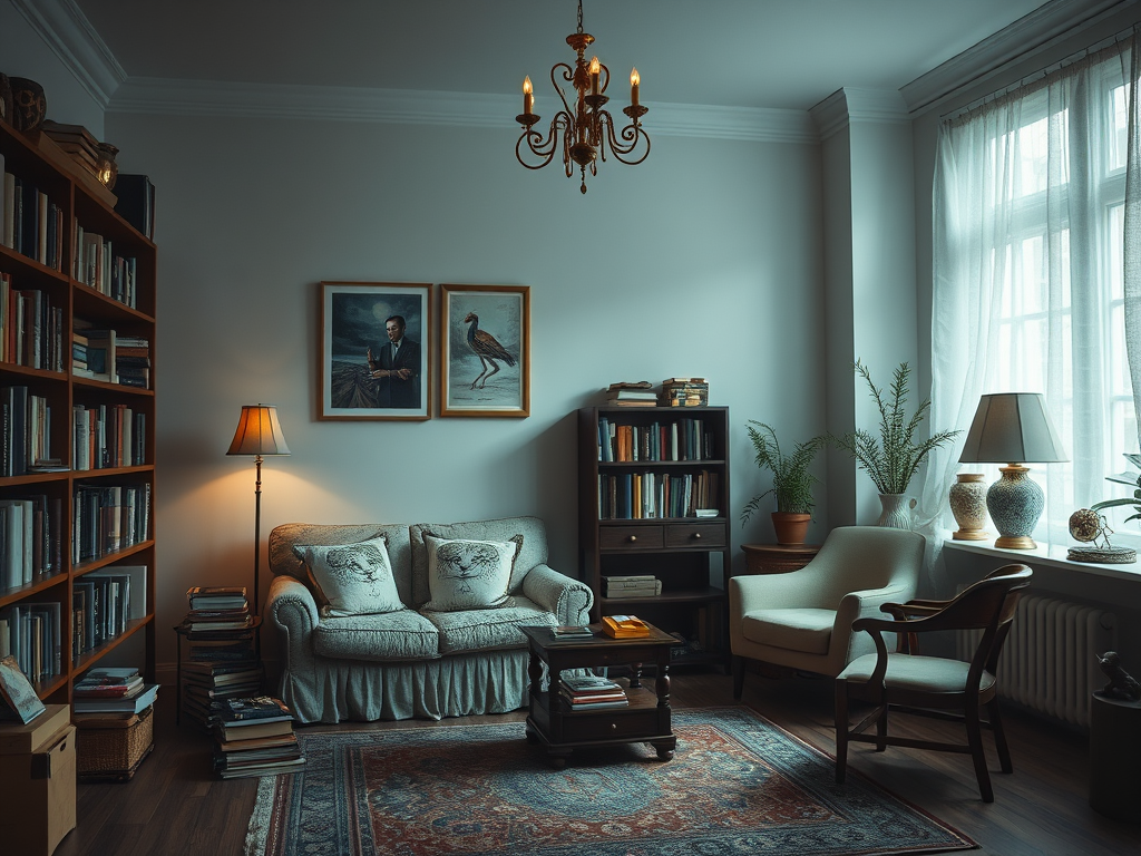 A cozy living room with a chandelier, bookshelves, vintage furniture, and artwork on the walls. Soft lighting enhances warmth.