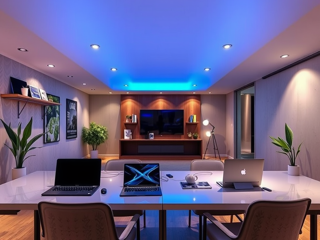 A modern office space with three laptops on a table, plants, and blue lighting, featuring a TV and shelves.