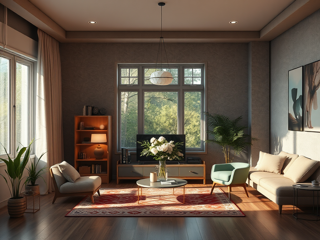 A beautifully lit living room featuring a cozy sofa, plants, a coffee table, and large windows with a view.